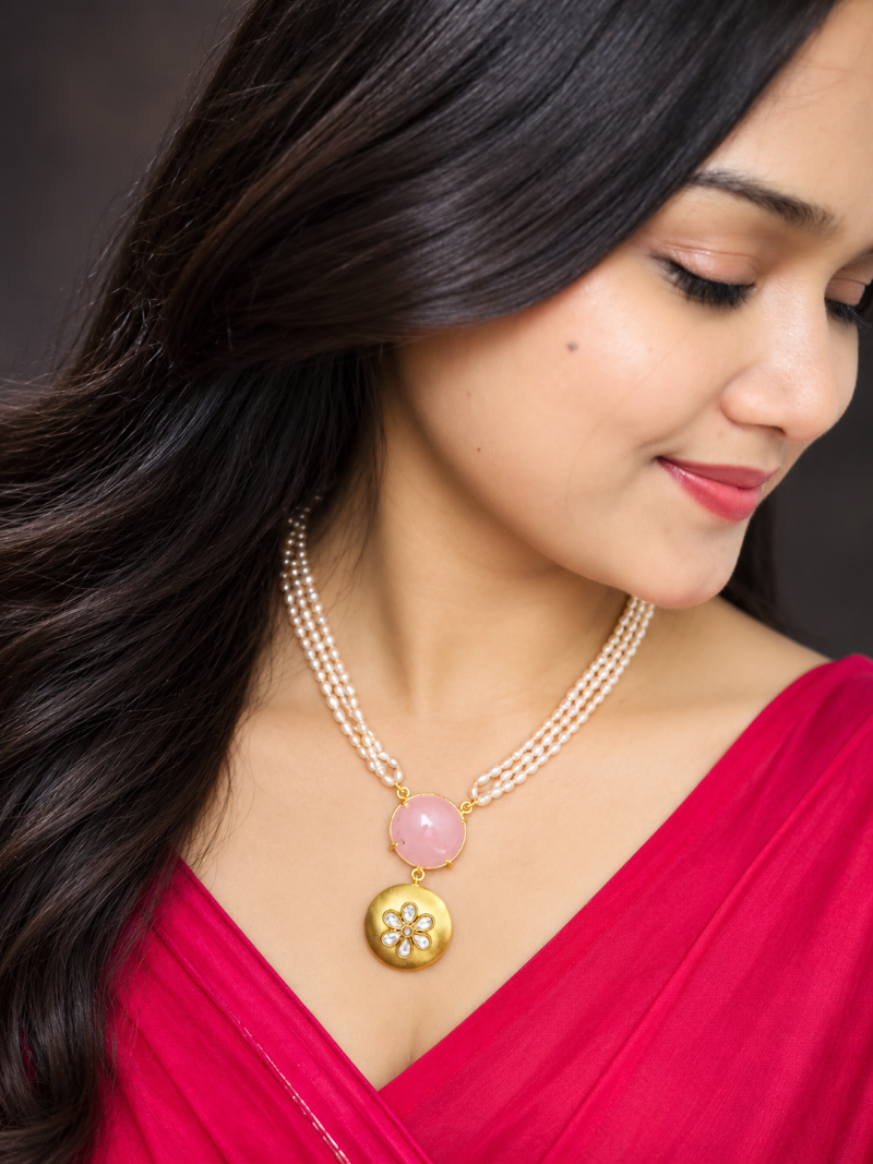 Alankar Rose Quratz Pearl Necklace Set