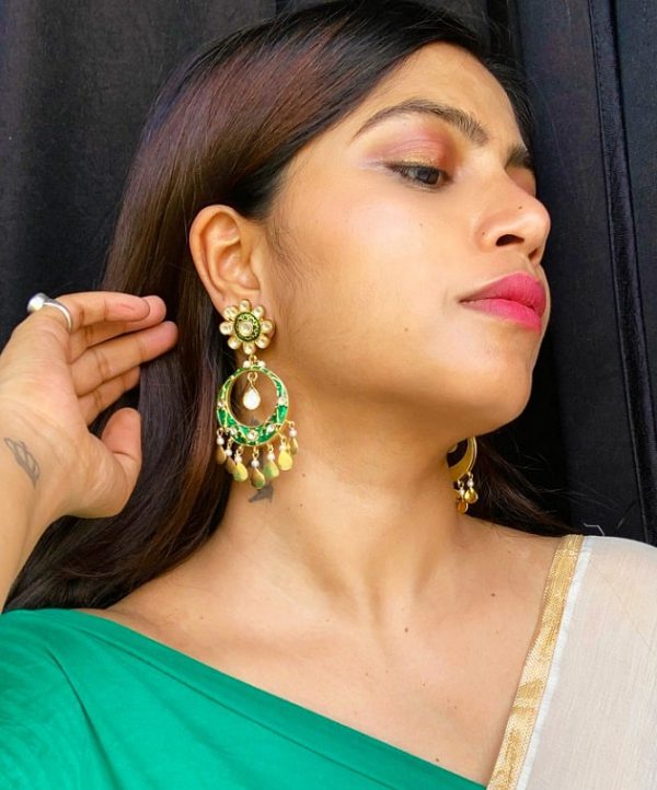 Green Meenakari Chandbali