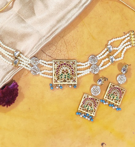 Aari Square Turquoise Designer Necklace Set