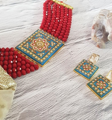 Turquoise Red Square Necklace Set