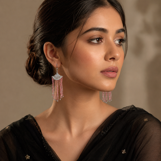 Pink Stone Silver Beads Earring