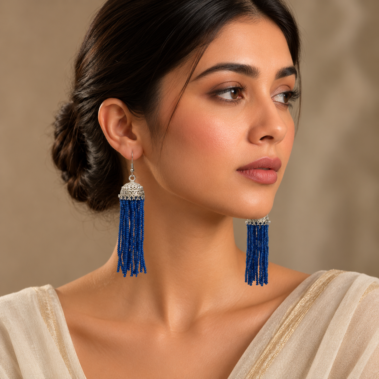 Navy Blue Silver Beads Jhumka