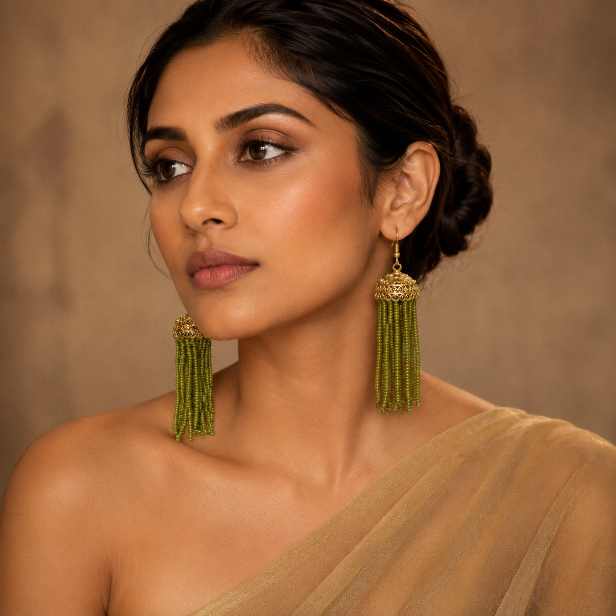 Green Gold Bead Jhumka