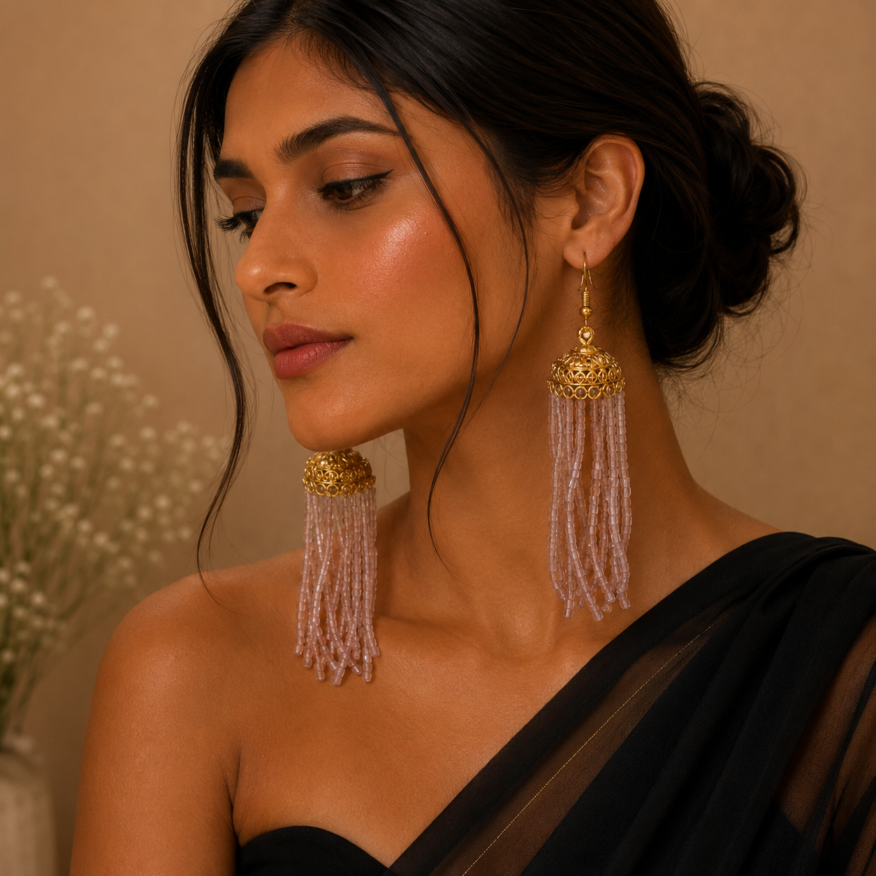 Pink Stone Gold Bead Earring