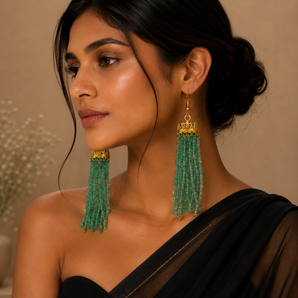 Green Stone Gold Bead Jhumka