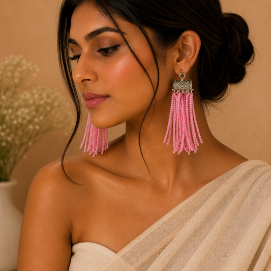Pink Stone Bead Silver Box Jhumka