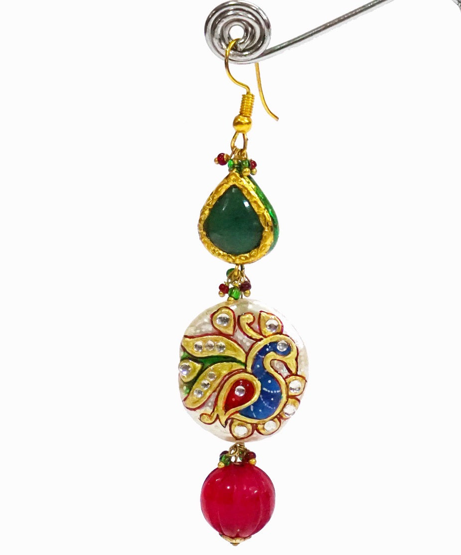 Peacock Pearl Red Green Drop Earrings
