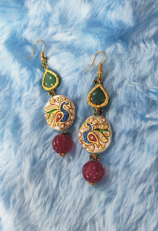 Peacock Pearl Red Green Drop Earrings