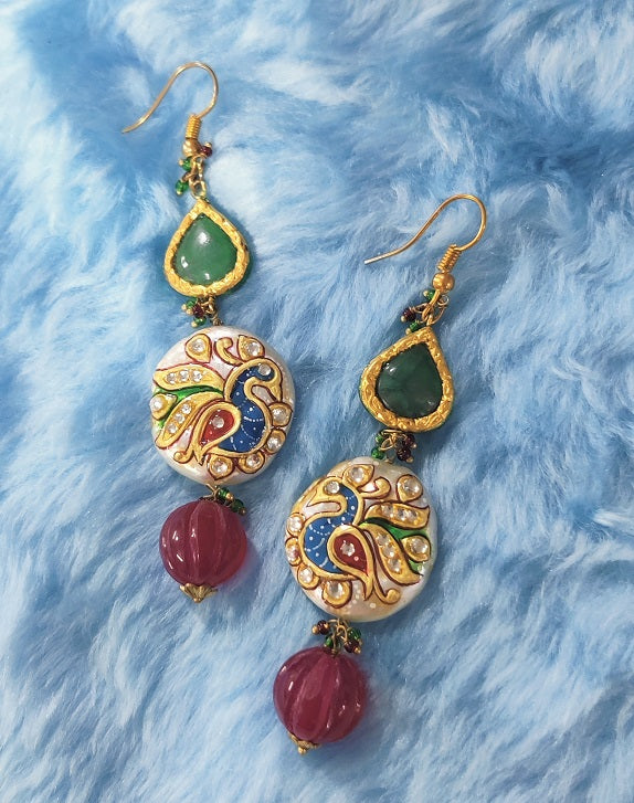 Peacock Pearl Red Green Drop Earrings