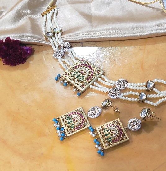 Aari Square Turquoise Designer Necklace Set