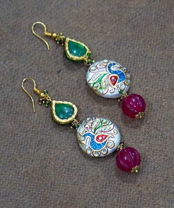 Peacock Pearl Red Green Drop Earrings