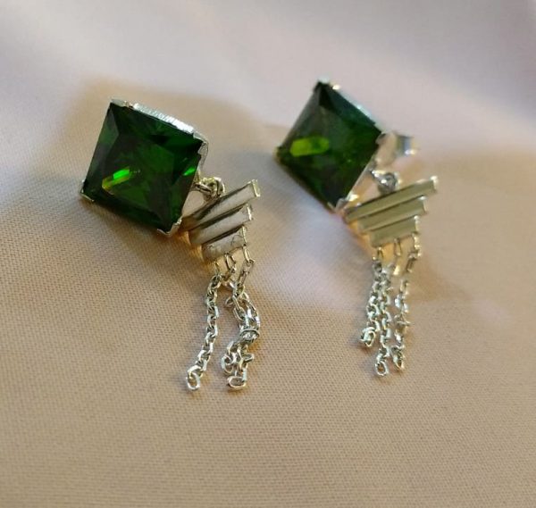 Green Stud Chain Earrings