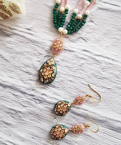 Green Onyx & Rose Quartz Necklace Set