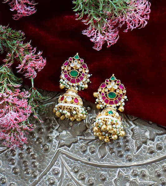 Pink White Kundan Jhumka