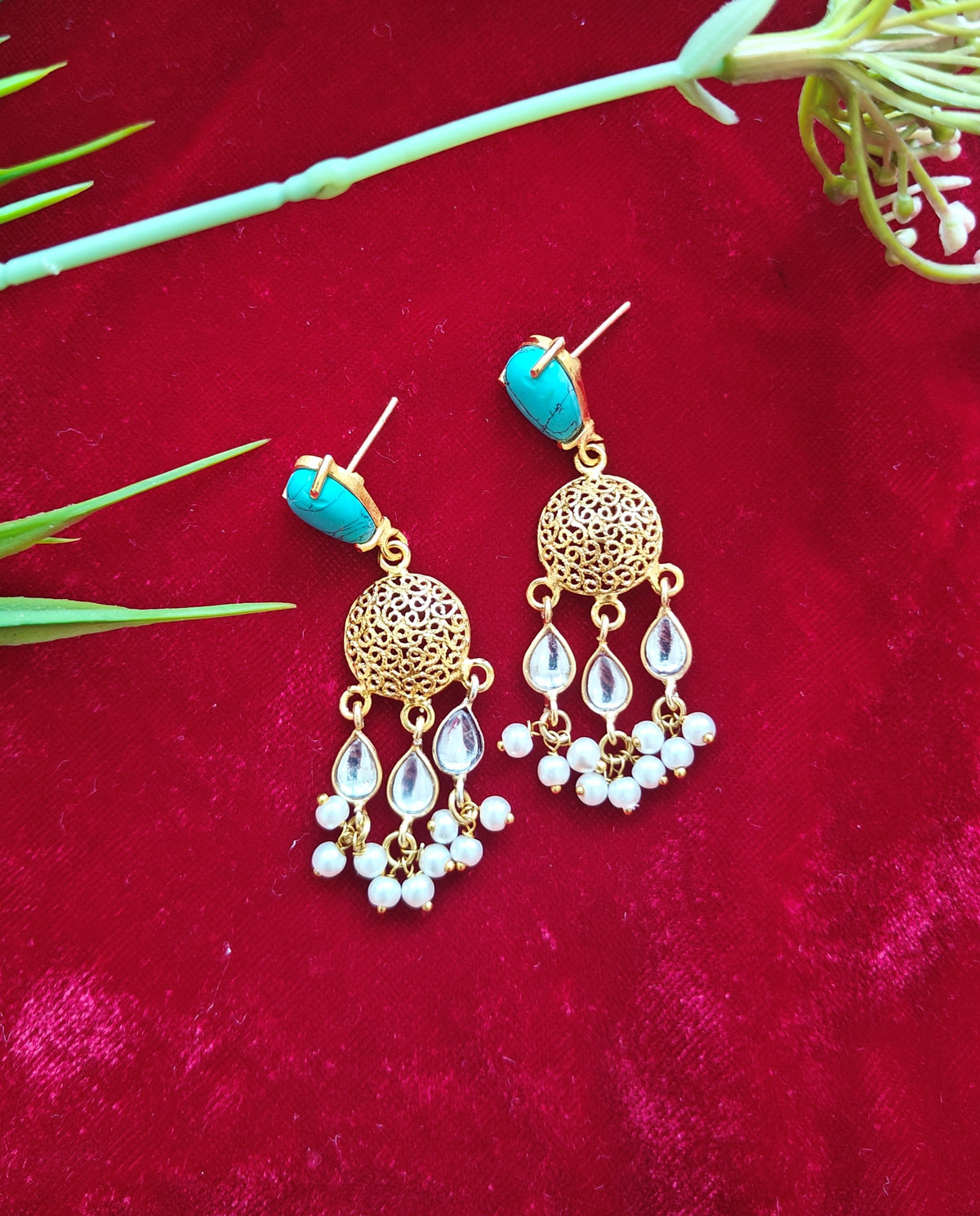 Alankar Turquoise Round Kundan Drop Earrings