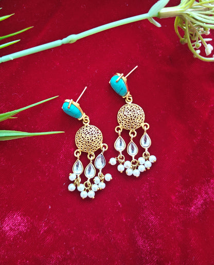 Alankar Turquoise Round Kundan Drop Earrings