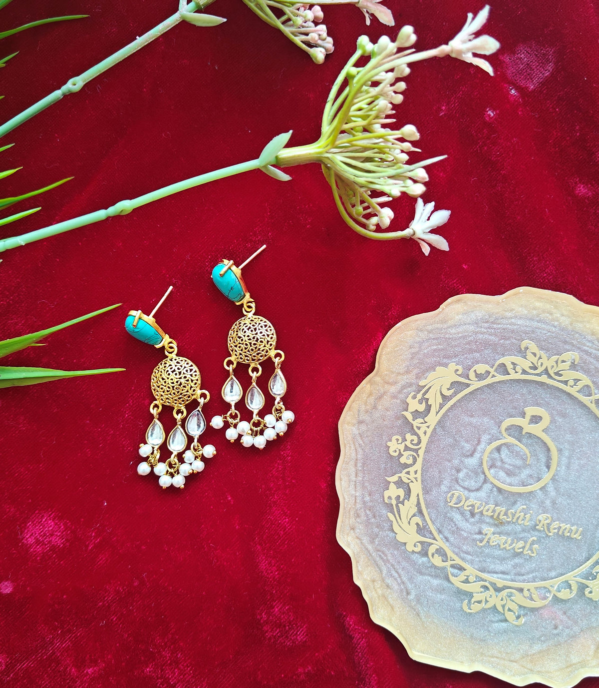 Alankar Turquoise Round Kundan Drop Earrings