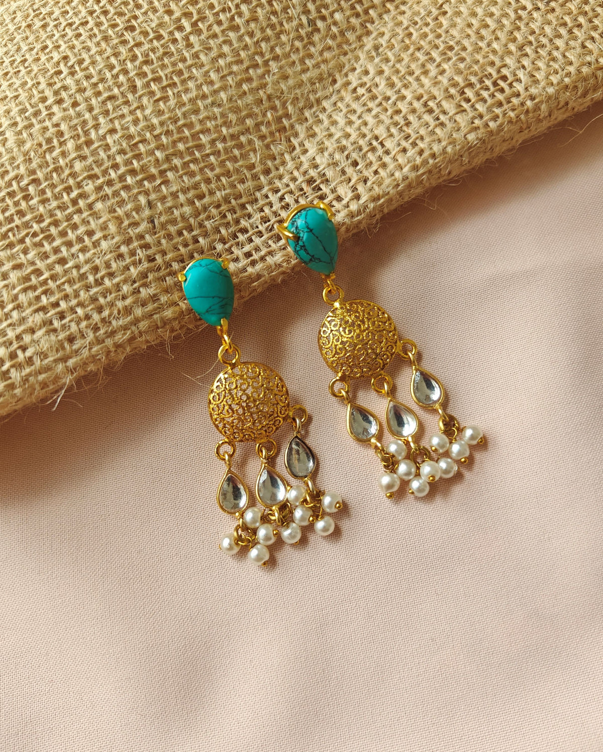 Alankar Turquoise Round Kundan Drop Earrings