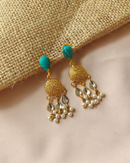 Alankar Turquoise Round Kundan Drop Earrings