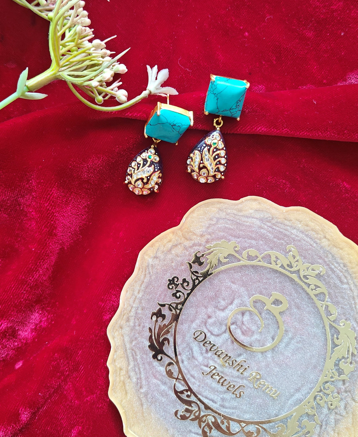 Alankar Turquoise Paint Pear Dangler Earrings