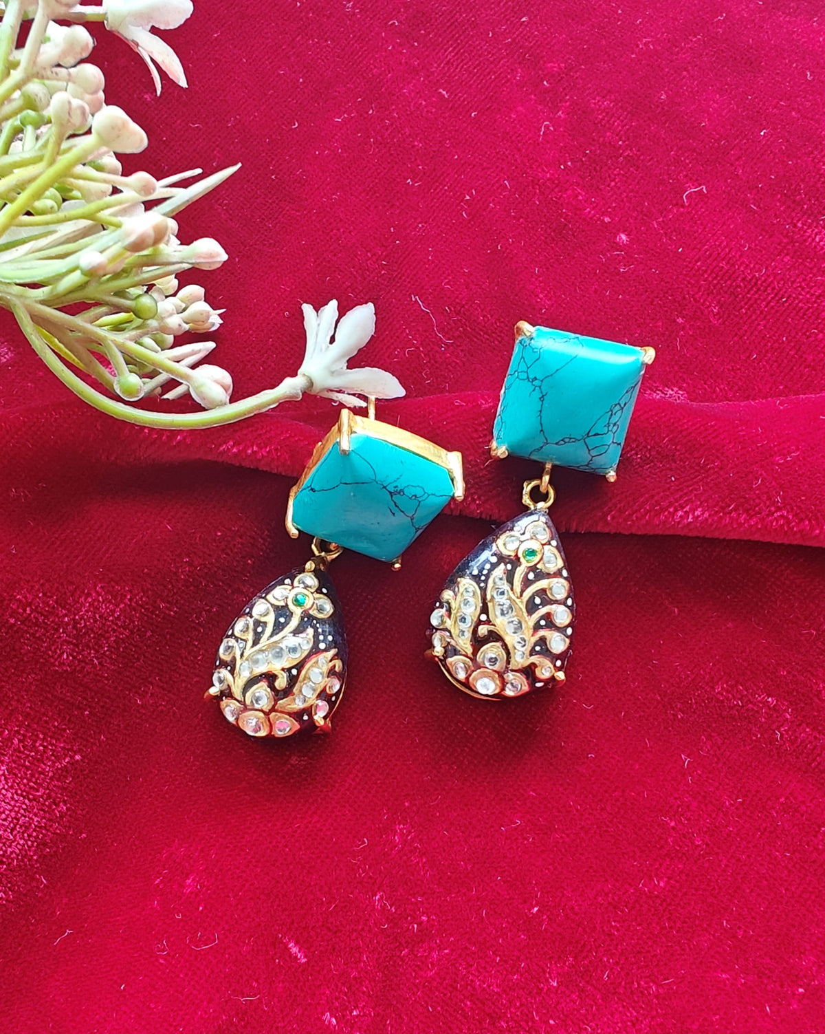 Alankar Turquoise Paint Pear Dangler Earrings