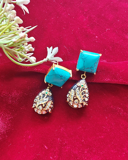 Alankar Turquoise Paint Pear Dangler Earrings