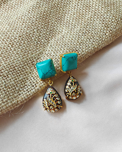 Alankar Turquoise Paint Pear Dangler Earrings