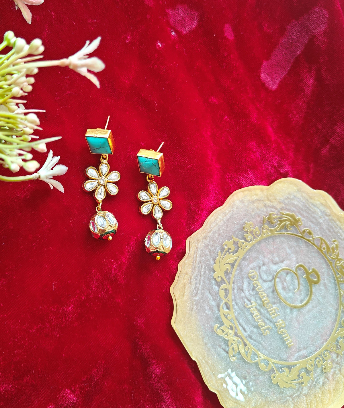 Alankar Turquoise Floral Kundan Drop Earring