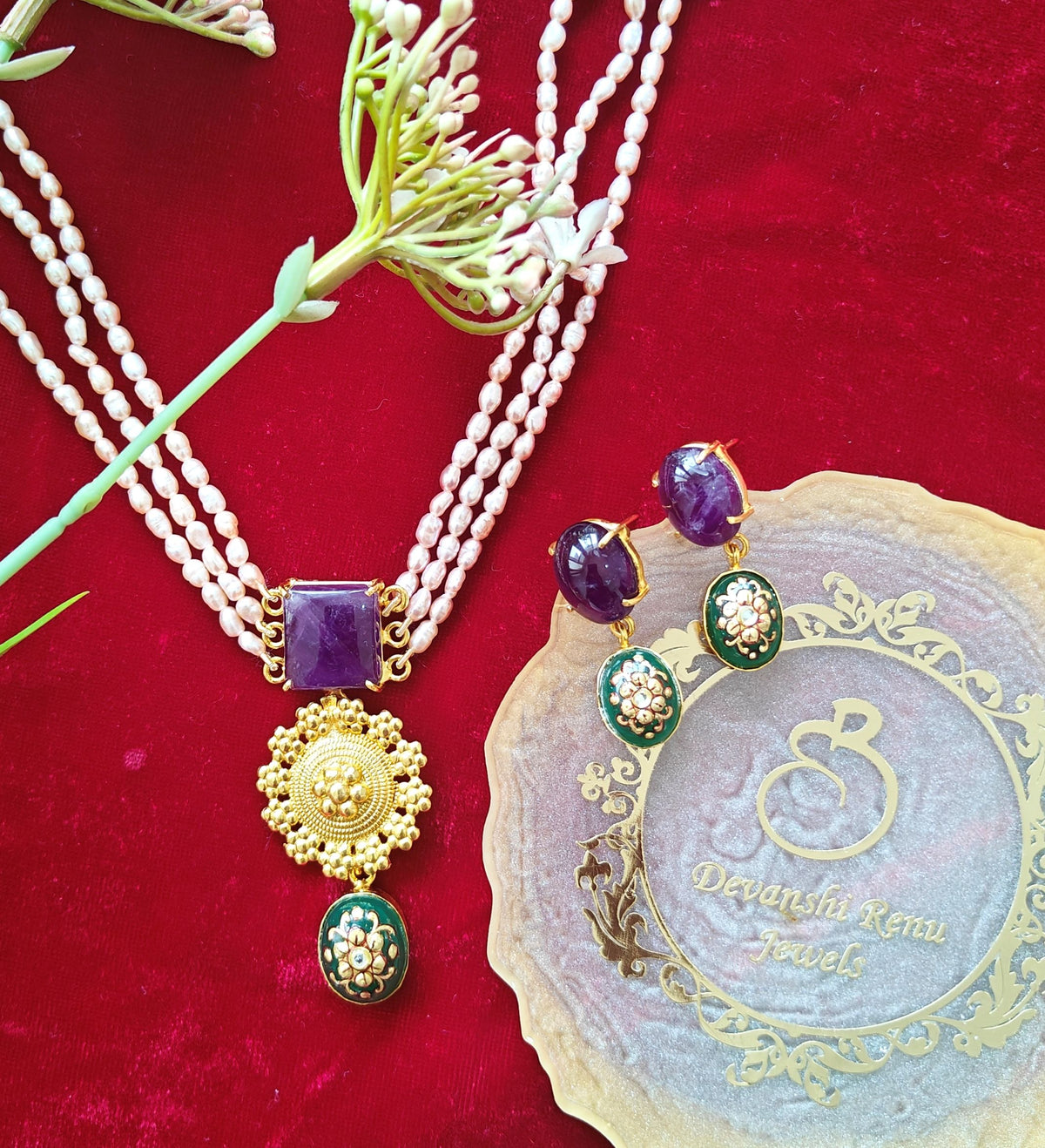 Alankar Amethyst Green Paint Necklace Set