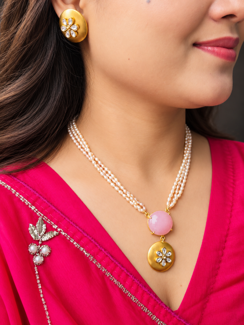 Alankar Rose Quratz Pearl Necklace Set