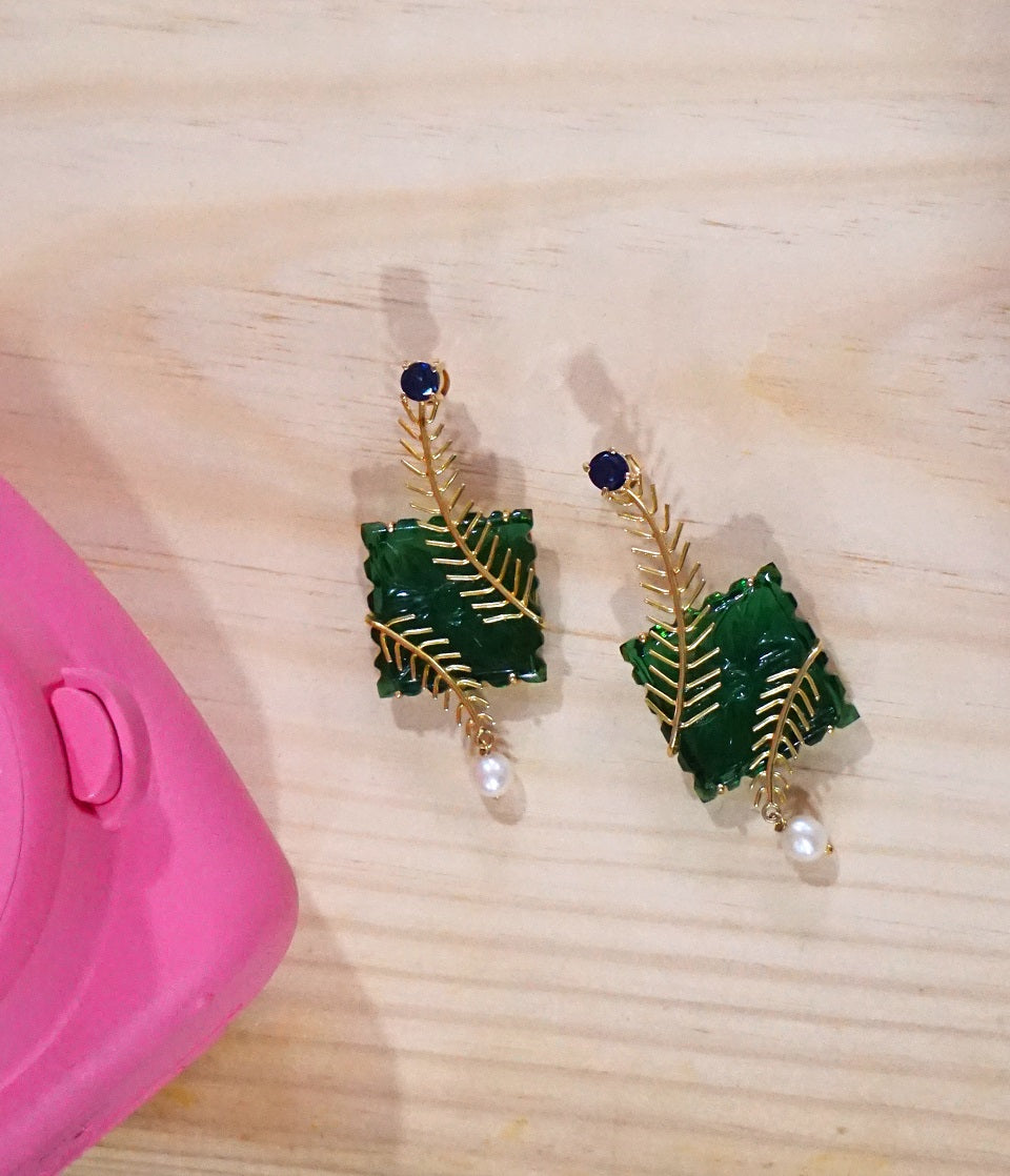 Gold Green Leave Earrings