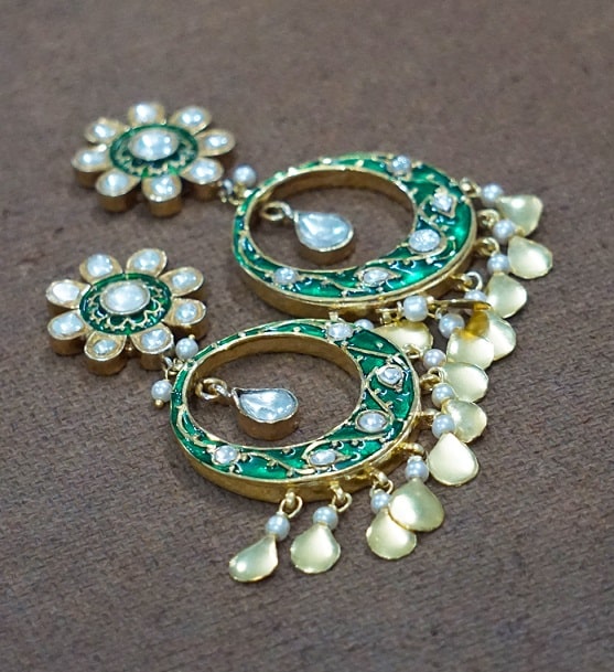 Green Meenakari Chandbali
