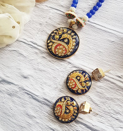 Blue Peacock Painted Necklace Set