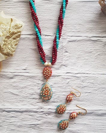 Aquamarine & Red Onyx Necklace Set
