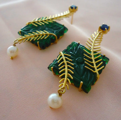 Gold Green Leave Earrings