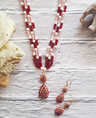 Rose Quartz & Red Onyx Necklace Set