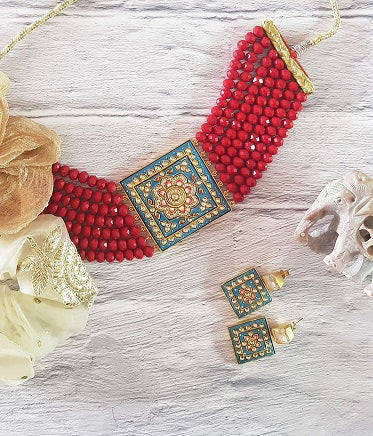 Turquoise Red Square Necklace Set