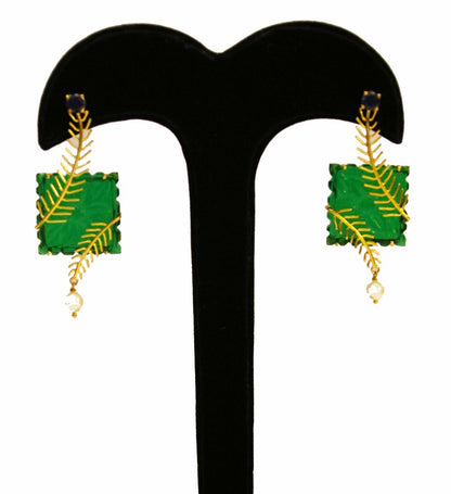 Gold Green Leave Earrings