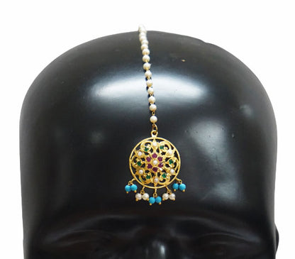 Aari Turquoise White Maang Tikka