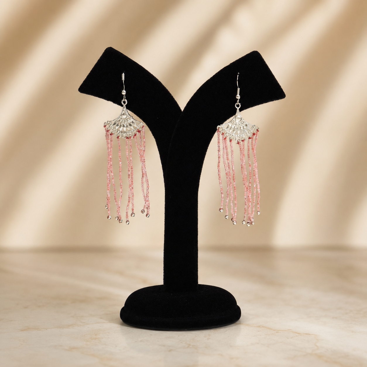 Pink Stone Silver Beads Earring