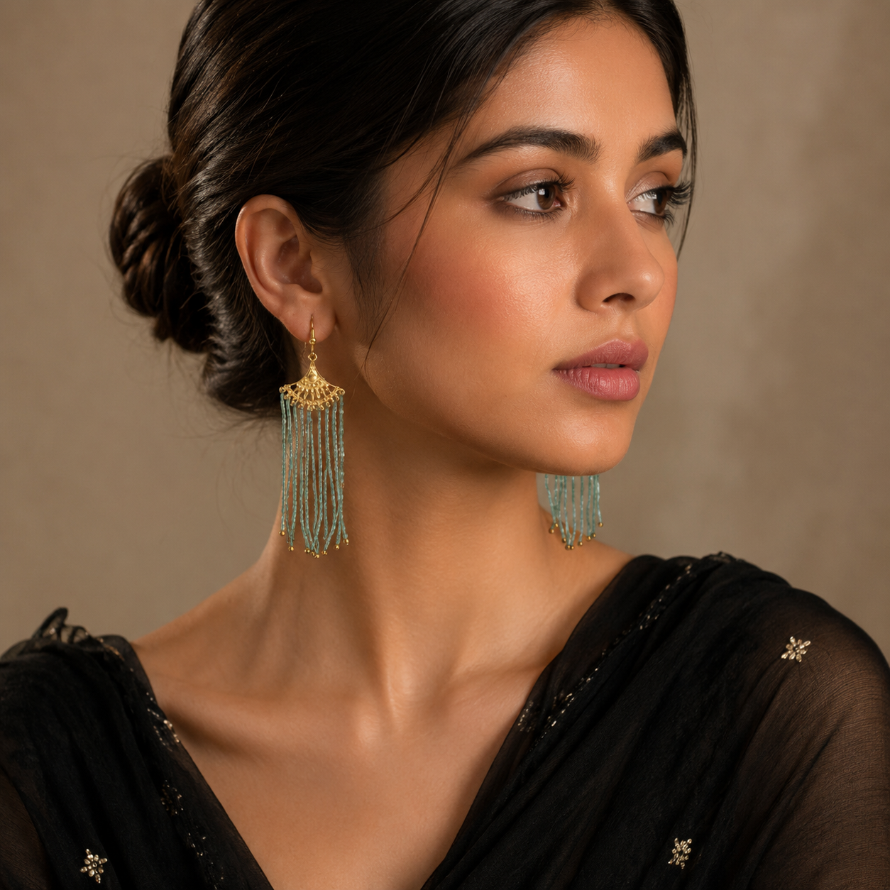 Green Stone Gold Beads Earring