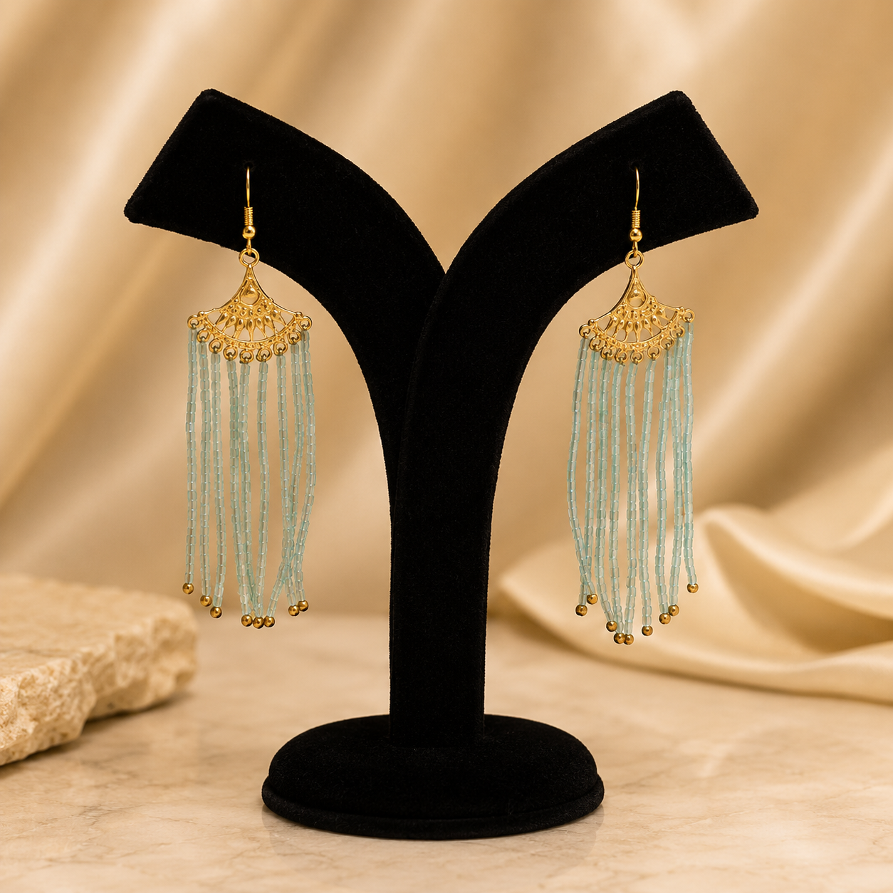 Green Stone Gold Beads Earring
