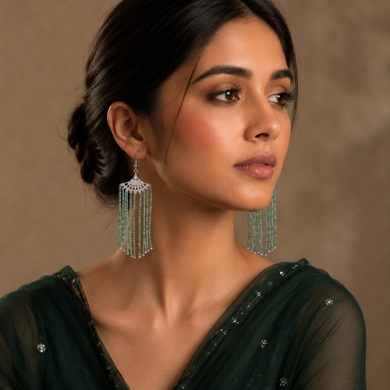 Green Stone Silver Bead Earring