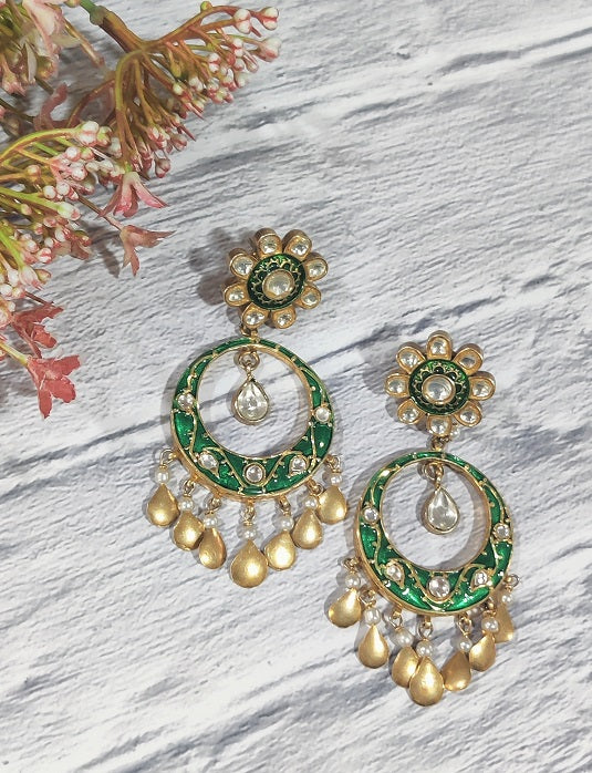 Green Meenakari Chandbali