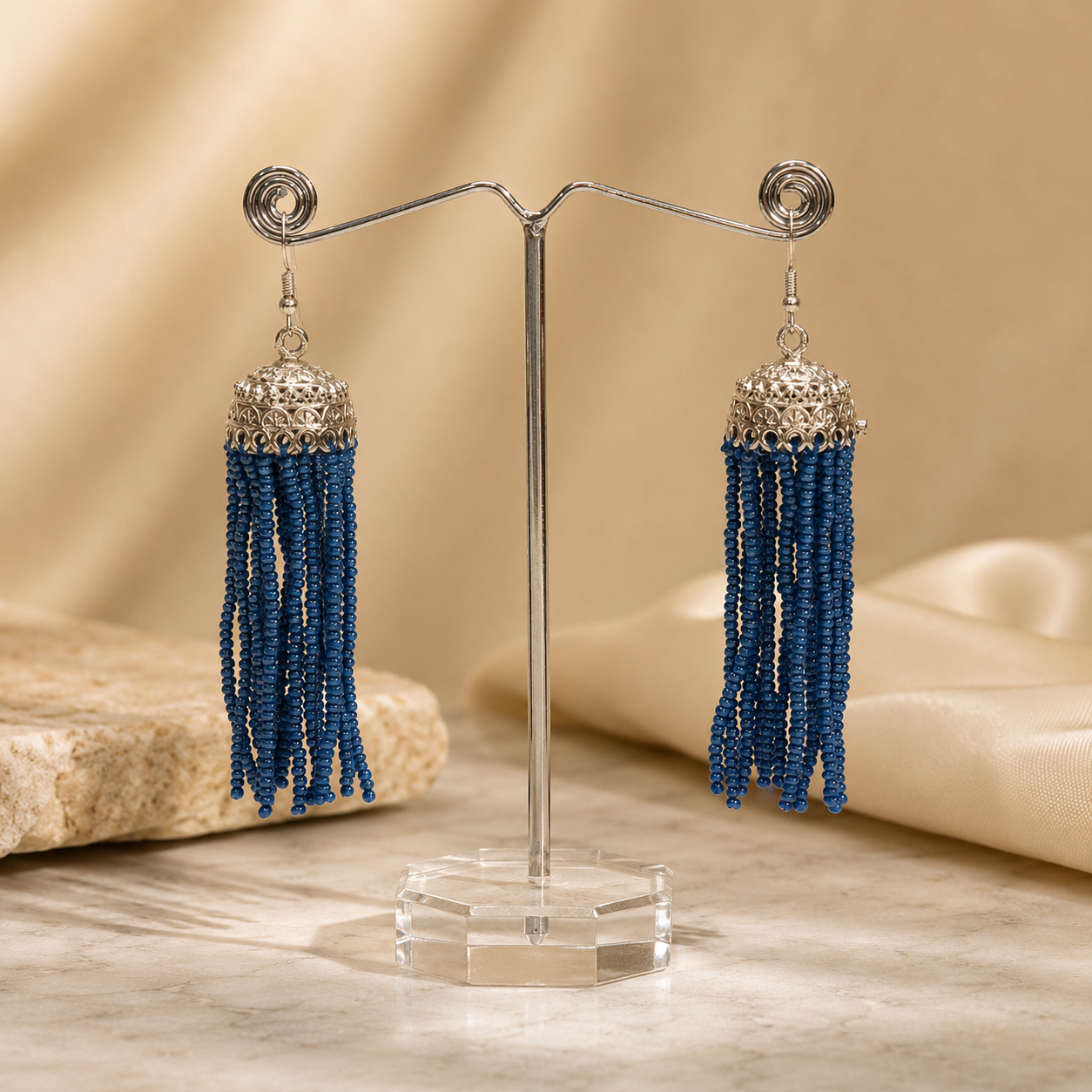Navy Blue Silver Beads Jhumka