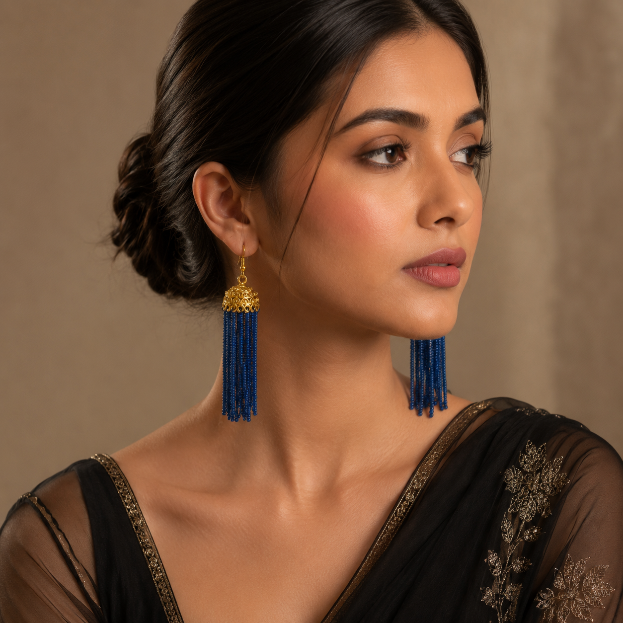 Navy Blue Gold Beads Jhumka