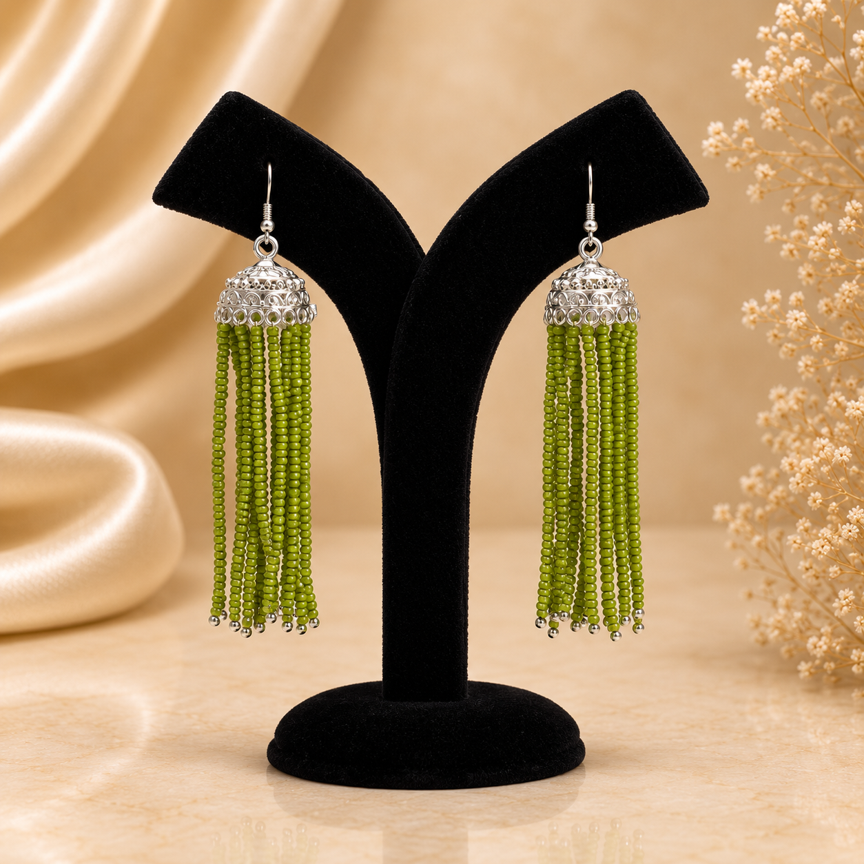 Green Silver Beads Jhumka