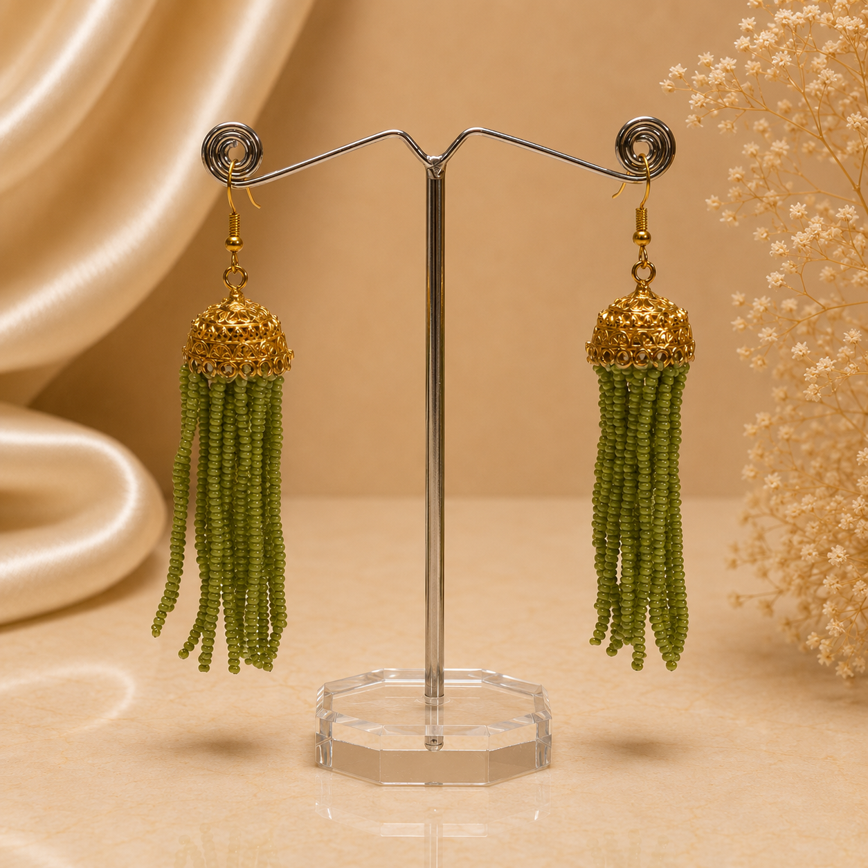 Green Gold Bead Jhumka