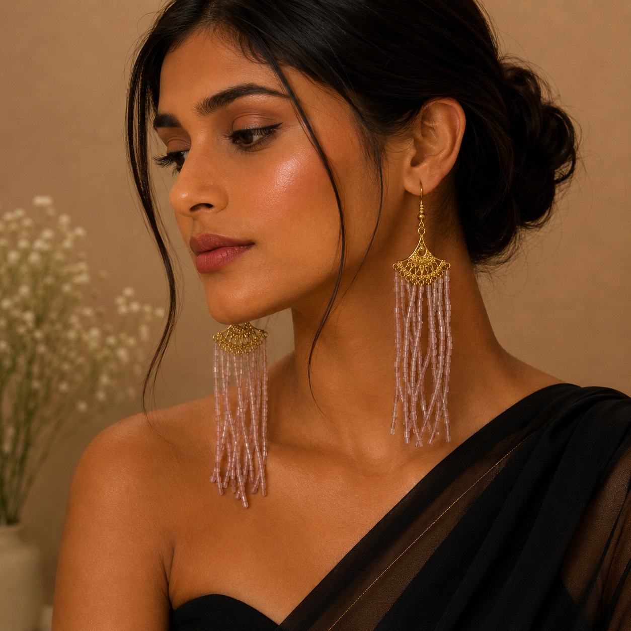 Pink Stone Gold Bead Earring