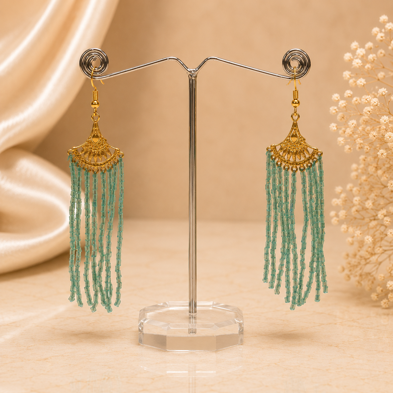 Green Stone Gold Bead Earring